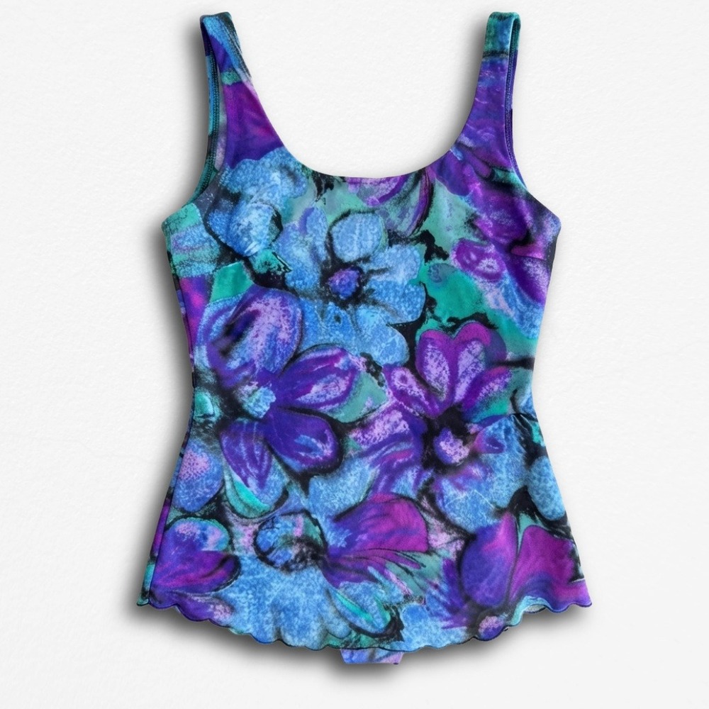 Vtg Jantzen Floral Swimsuit Blue Purple Watercolor One Piece Swim Dress Size 12